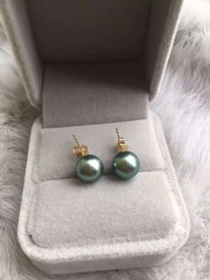 New 8-9mm AAA black green round  natural tahitian pearl earrings 14k gold - Image 1 of 4