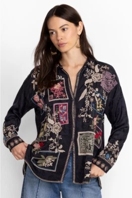 Blusa Johnny Was Briony Larga Botón Frontal Floral Bordado Negra Top Camisa Nueva Foto 1 de 4