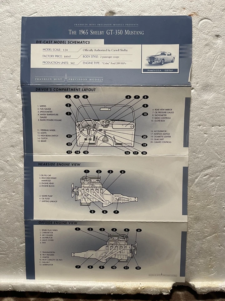 EXTREMELY RARE FRANKLIN MINT 1965 SHELBY GT-350 MUSTANG  *SCHEMATICS SHEET ONLY* - Image 1 of 1