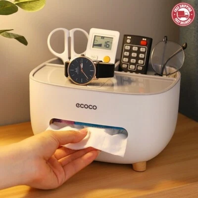 Tissue Holder Box Desk Multifunction Storage Office Bedroom Organizer Gray New - Image 1 of 4