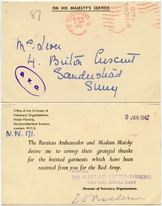 WW2 RUSSIAN AMBASSADOR MAISKY 1942 D.V.O THANKS CARD RED ARMY - Picture 1 of 3