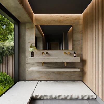 Doppel Waschbecken Waschtisch Marmoroptik Beige mit Ablage - Handgefertigt - Bild 1 von 2