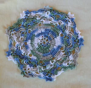 Vintage Hand Crocheted Cotton Doilie Olive Green Blue Tan & Cream 6” Open Stitch - Picture 1 of 4