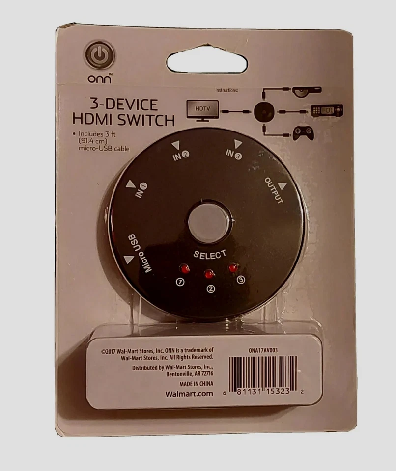 Brand New onn ONA17AV003 3-device HDMI Switch, Resolutions Up to 1080P - Image 1 of 4