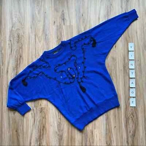VINTAGE Camp 1980s Embellished Tassel Sweater Medium/Large Cobalt Blue - Picture 1 of 8
