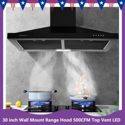 SNDOAS 30 inch Wall Mount Kitchen Range Hood 500CFM Top Vent Black New LED Light