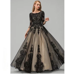 Formal Dress Princess Ball-Gown Evening Scoop Neck Party Tulle Applique Beading - Picture 1 of 13