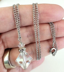 Vintage Clear Borealis Bicone Clear Rhinestone Silver Tone Pendant Necklace 18" - Picture 1 of 4