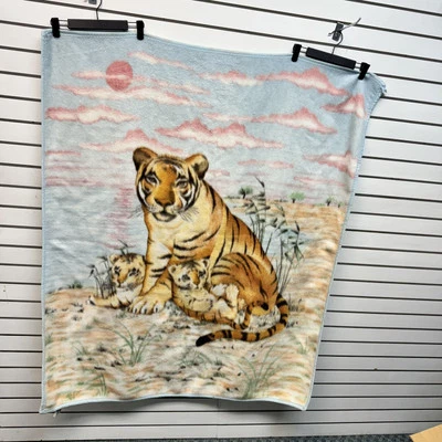Vintage 80s 90s Mora Tiger Cubs Lap Blanket Nature Wildlife Sunset Artistic Cat - Image 1 of 4