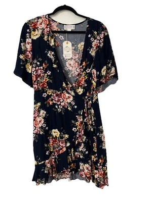 NEW Love Riche  Ruffle Wrap Front Dress Size Large Lined Navy Floral - Image 1 of 4
