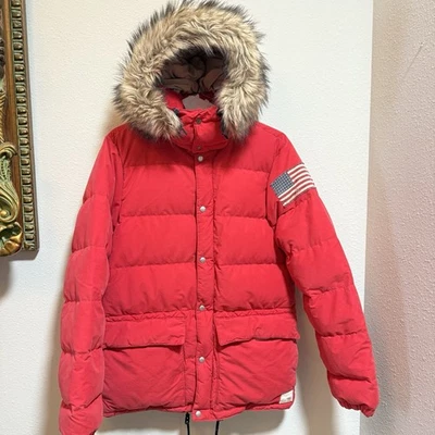 Ralph Lauren Denim & Supply Parka Jacket Down Feather Red Medium Hood Fur Puffer - Image 1 of 4
