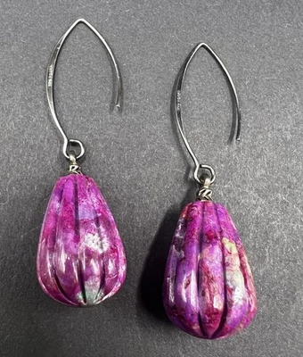 Barse Sterling Silver Purple Turquoise Carved Rib Tear Drop Dangle Earrings 2"+ - Image 1 of 4