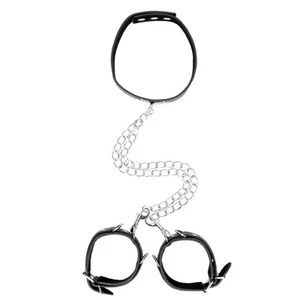 SHOTS Ouch! Black and White Bound Leather Collar with Handcuffs - Picture 1 of 6