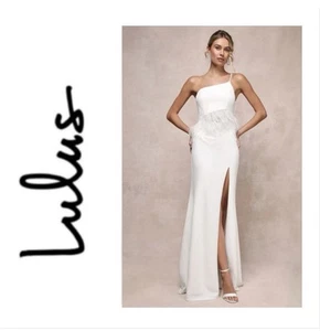 Neu ohne Etikett Lulus Glam Bliss Maxikleid weiß Feder One-Shoulder-Ausschnitt - Bild 1 von 10