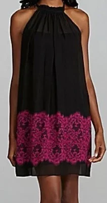 NWT Max and Cleo Black Chiffon Fuchsia Flowered Hem Sleeveless Cocktail Dress XL - Image 1 of 4