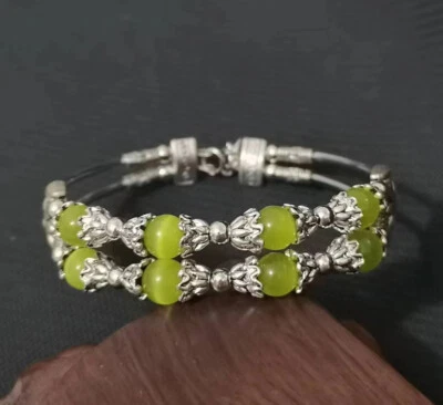 Ladiesl Bracelet Jewelry Tibet Silver Bangle Olive Green Opal Bead Bracelet - Imagem 1 de 3