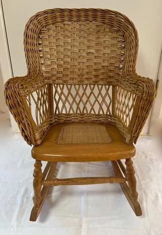 Vntg Wicker Child's Rocking Chair Wood/Rattan Seat Wicker Sides & High Back Cover