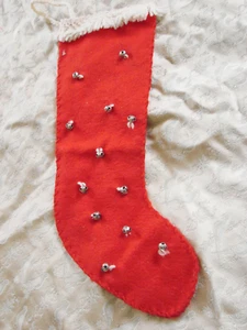VTG 60s Felt Christmas Stocking  BELLS Wool Fringe Trim 16" - Picture 1 of 6