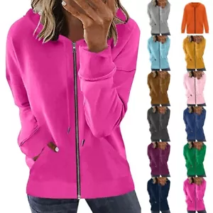 Women Hooded Sweatshirts Zip Up Hoodies Ladies Long Sleeve Fall Warm Drawstring - Picture 1 of 26