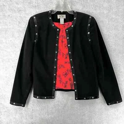 Jaqueta Bob Mackie Studio Blazer Tamanho 6 Preta cravejada acabamento de pressão forro de logotipo vermelho - Imagem 1 de 4