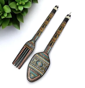 Handpainted Wood Fork & Spoon Wall Hangings Aztec Tiki Tribal Totem Southwest - Picture 1 of 24