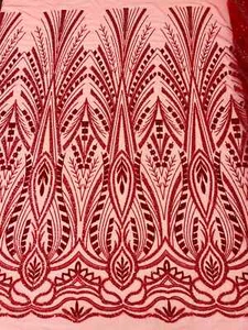 Beaded Design Fabric - Red - Embroidered Elegant Beads on Mesh Fabric Yard - Picture 1 of 5