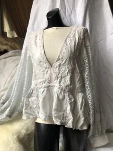 FREE PEOPLE Women's Embroidered Tunic Shirt Top M Lace Poet Sleeves Boho Chic!!! - Picture 1 of 12