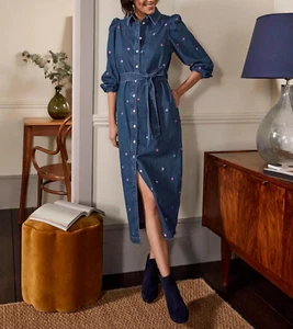 Boden Straight Puff Sleeve Dress Denim Floral Mid Vintage size 14  D0065   b60a - Picture 1 of 9