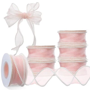 6 Rolls Faux Pearl Edge Ribbon 1.5 Inch x 5 Yards Organza Mesh Smooth Rolls S... - Picture 1 of 6