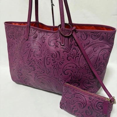 ETRO Margot Embossed Tote Handbag Pouch Purple Leather Women's USED FROM JAPAN - Image 1 of 4