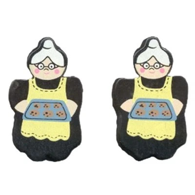 GRANNY COOKIE BAKING WOOD BUTTON EARRINGS Country Cooking Baker Novelty Jewelry - Image 1 of 2