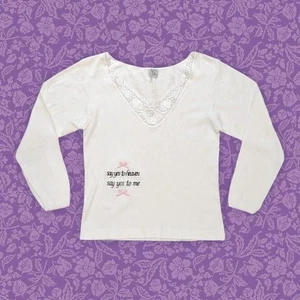 Vintage Embroidered "Say Yes To Heaven" Coquette Long Sleeve Top | Size S - Picture 1 of 5