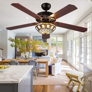 52 Inch Antique Ceiling Fan with Tiffany Light Remote Control & Decorative Bl... - Picture 1 of 8