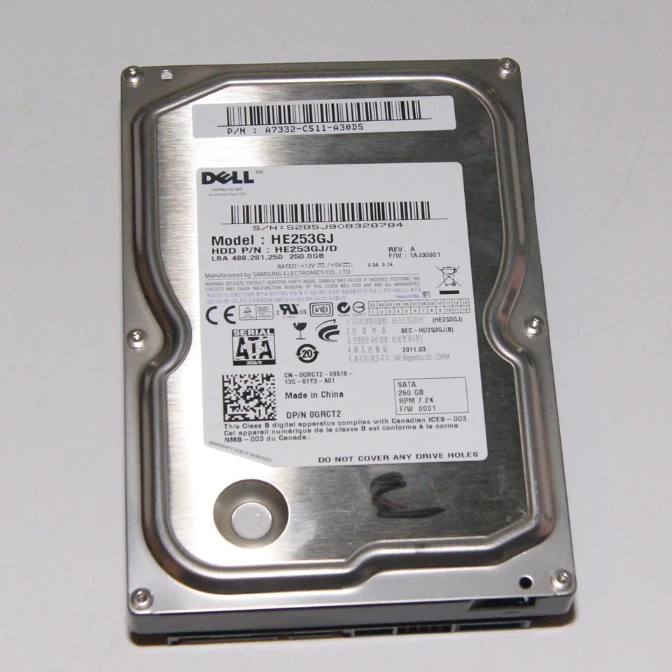 Dell 0GRCT2 3.5" SATA 3Gb/s 250GB 7.2K RPM Hard Drive HE253GJ - Image 1 of 1