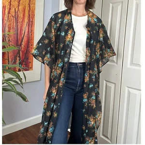 Floral Kimono Duster Sheer Lightweight Cover Up Bohemian Beach Black - Picture 1 of 4