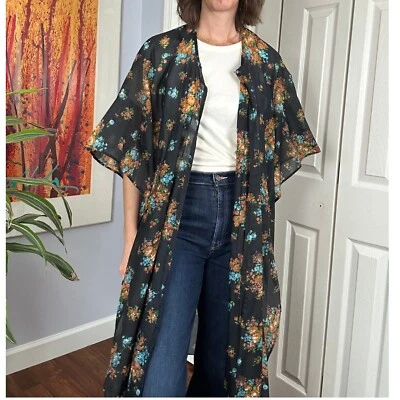 Floral Kimono Duster Sheer Lightweight Cover Up Bohemian Beach Black - Image 1 of 4