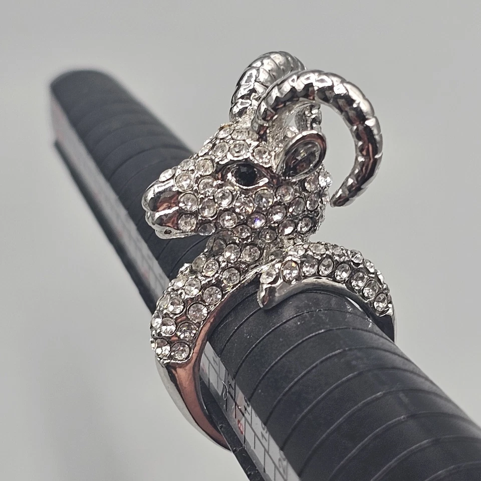 Crystal Pave Ram Head Ring Silver Tone Figural Animal 3D - Image 1 of 4