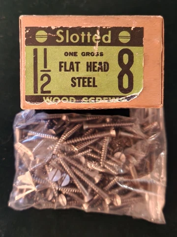 Antique (150) Slotted Flat Head Steel Wood Screws 1 1/2" #8 New Old Stock Cover