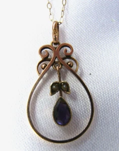 Antique Victorian 9ct.Rose Gold Seed Pearls Amethyst Pendant Necklace. - Picture 1 of 9