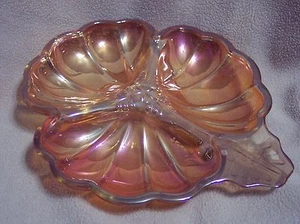 Vintage Iridescence Amber CARNIVAL GLASS Divided Serving Dish Clover GUC - Picture 1 of 2