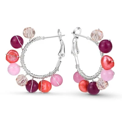 Elegance Boho Round & Pink Stone Latch Back Sterling Silver Hoop Earrings - Image 1 of 4