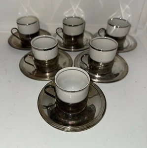 Vtg Bellini Espresso Cups & Saucers Silver Platted Veracruz Porcelana Brazil - Picture 1 of 9