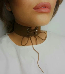 Brown Wide Soft Suede Style Lace Up Corset Choker Collar -Fashion Statement Goth - Picture 1 of 1