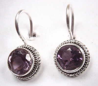 Faceted Amethyst 925 Sterling Silver Stud Wire Back Earrings with Rope Accents - Image 1 of 4