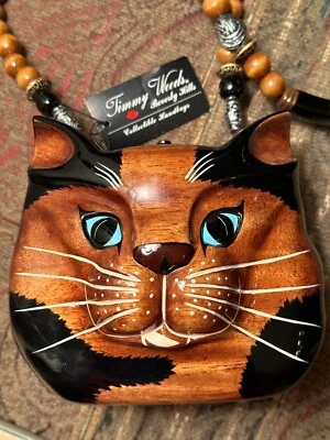 NWT Retired, Signed, Timmy Woods Orig. Art Acacia Cat Lady Purse Beaded Handle - Изображение 1 из 4