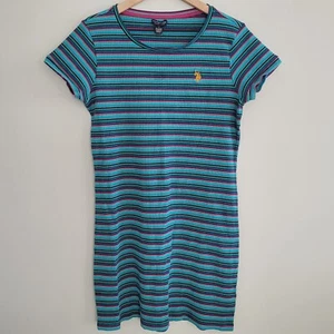 U.S. Polo Assn Dress Womens Size Large Striped Ribbed Blue Pink Green Stretch - Picture 1 of 4