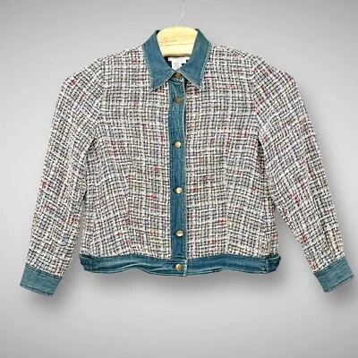 Chaqueta Coldwater Creek Mujer Grande Tejida Tweed Denim Ribete Blazer Abrigo Lavable Foto 1 de 4