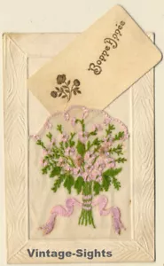 Bonne Année: Flower Wreath / New Year (Vintage Embroidered Gimmick PC ~1910s) - Imagen 1 de 1