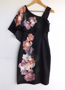 Review Dress 6 Womens Black Pink Floral Layered One Sleeve Lined Party Cocktail - Picture 1 of 10