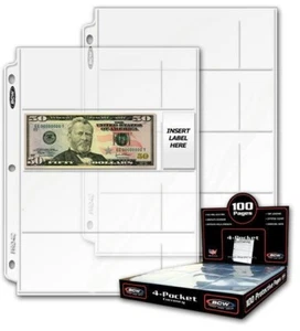 (100 Pack) BCW 4 Pocket Currency Pages Binder Albums Modern Banknotes Protection - Picture 1 of 1
